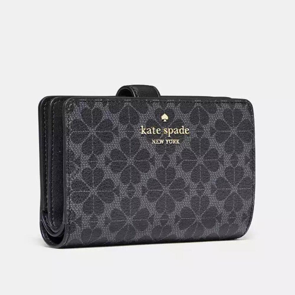 New Kate Spade Compact Bifold Wallet Black Signature Spade Flower pattern - Picture 3 of 3